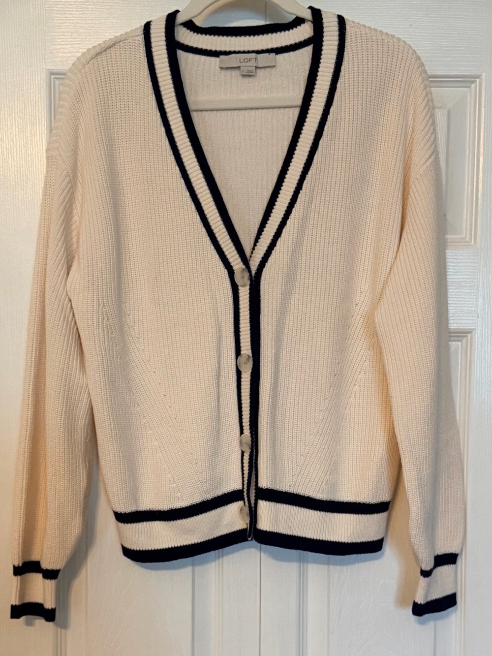 NWOT LOFT Cream V-Neck Button Cardigan with Navy Trim
